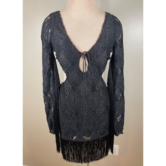 FOR LOVE & LEMONS Aubrey Crochet Fringe Long Sleeve Black Mini Dress Size Small - Picture 4 of 10